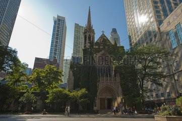 Church with trees in downtown Chicago USA
