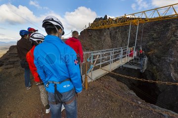 Tourists on the Iceland volcano Thrihnukagigur