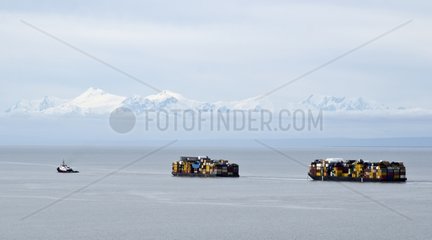 Freight transport barge in Anchorage Bay Alaska USA