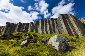 Gerduberg basaltic columns in springtime in Iceland