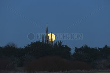 Wolf Moon rise behind the tower Tronoën France