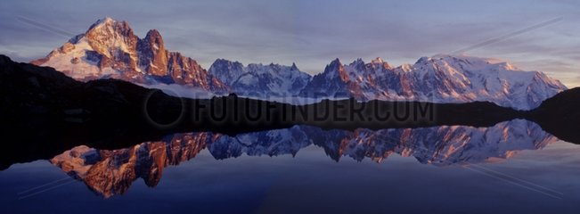 Chéserys lakes and Mont Blanc at sunset Alps France