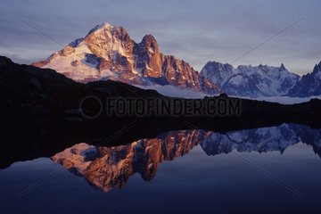 Chéserys lakes and Mont Blanc range at sunset Alps France
