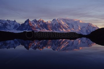 Chéserys lakes and Mont Blanc range at sunset Alps France