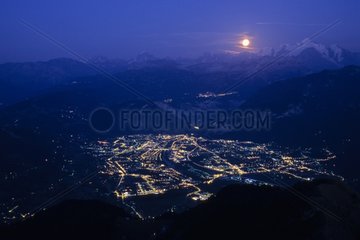 Moonrise over Cluses Arve Valley and Mont Blanc France