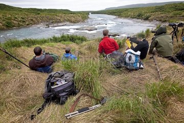 Group of photographers near the McNeil River in Alaska