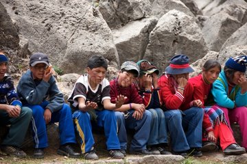 Cusco schoolchildren in Sacsayhuaman Andes Peru