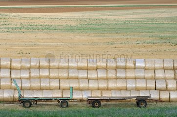 Straw rolls and trailers in a field France