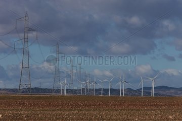 Wind turbines and high voltage electrical line Aragon Spain