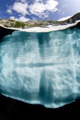 Ice wall from underwater with mountains on background