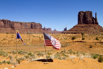 Flags and West Mitten Butte Monument Valley Arizona USA