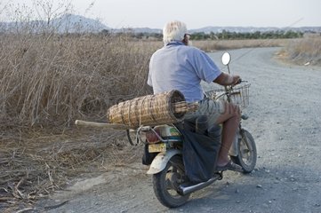 Illegal trapper with limesticks on back of motorcycle
