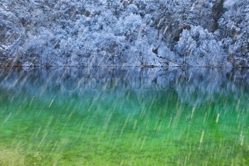 Snow on a lake in winter Plitvice Lakes NP Croatia
