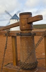 Mechanism of a wooden windmill La Mancha Spain