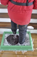 Cleaning boots on the Antarctica cruise ship
