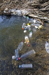 Plastic bottles on Savoureuse river Franche-Comté France