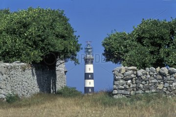 Stone walls and Ushant lighthouse Créac'h Brittany France