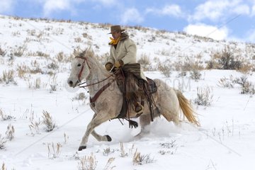 Cowboy on his quarter horse in the snow Wyoming USA