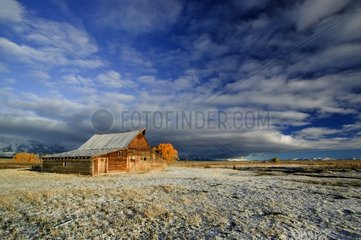 Grand Teton range and the old mormon barn with in first snow