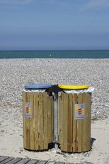 Bins for sorting waste on the beach France