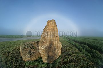 Fogbow and photographer's shadow on a menhir