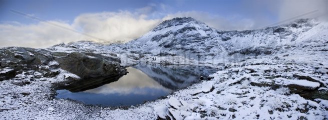 Panoramic view of the lake under the snow Verdet Savoy