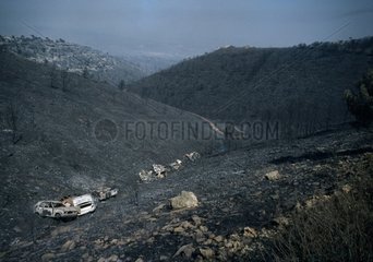 Cars burned in the fire of the Massif du Cap Canaille France