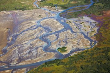 Aerial view of braided river on Katmai Peninsula Alaska