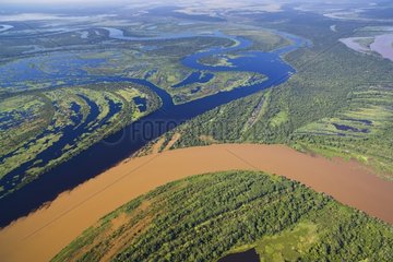 Aerial view of the confluence of two rivers Brazilian border