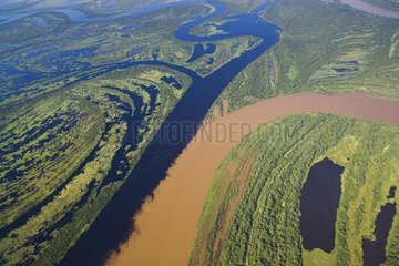 Aerial view of the confluence of two rivers Brazilian border