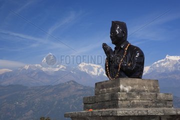 Statue Mahadur Gurung before Machapuchare Nepal