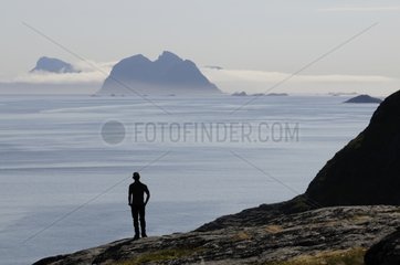 Hikers and scenery of the archipelago of Lofoten