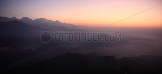 Morning fog on the peaks Sarangkot Annapurna Nepal