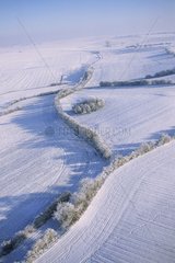 Aerial view of fields in the snow in Moselle France