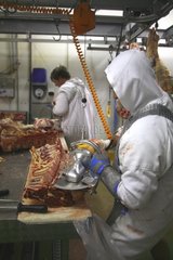 Man cutting meat with an electric saw France