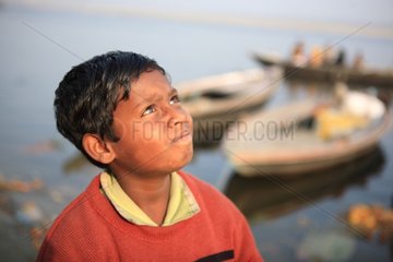 Portrait of boy looking up Varanasi India