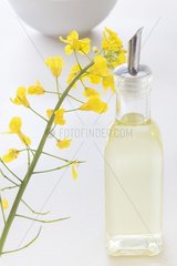 Rapeseed oil in a glass bottle and bit of Rape