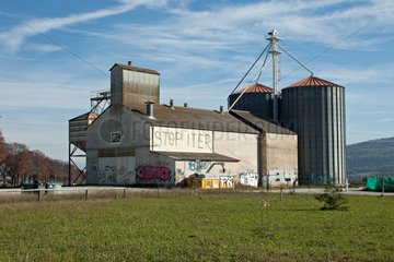 Anti nuclear energy inscriptions on a grain silo France