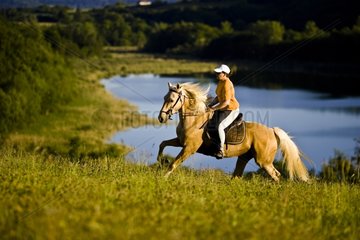 Woman riding a Akhal-Teke horse galloping front of a lake