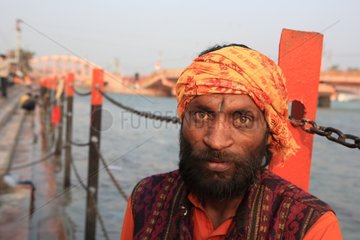 Portrait of man at the edge of Ganges Haridwar India