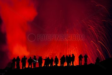 Tourists and eruption of Eyjafjoell Fimmvoerðuháls Iceland
