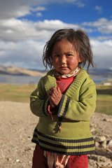 Girl and stone Lake Tso Moriri Ladakh Himalayas India
