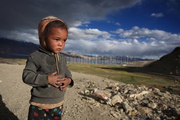 Girl in front of Lake Tso Moriri Ladakh Himalayas India