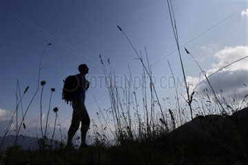 Silhouette of hiker with backpack in the grass