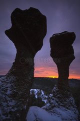Snow on the stone columns of the Rock of Roquebrune