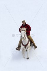 Cowboy on his Quarter Horse in Snow Wyoming USA