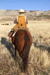 Young Cowboy on his Quarter Hose in winter Wyoming USA