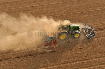 Aerial view of a tractor in a field in Picardy France