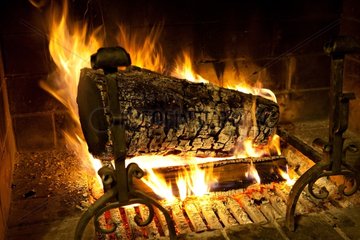 Log burning in a fireplace in winter