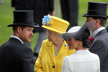 Royal Ascot  Portrait of TRH Prince Harry  the Duke of Sussex and TRH Meghan the Duchess of Sussex in front of HRH Queen Elizabeth the Second